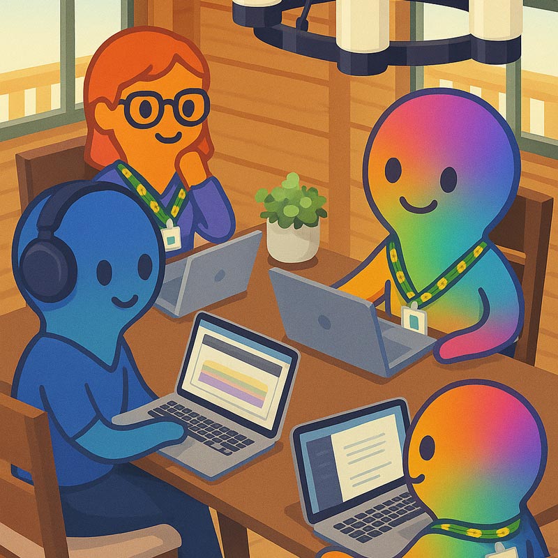 Equipa diversificada a colaborar num ambiente de trabalho moderno.