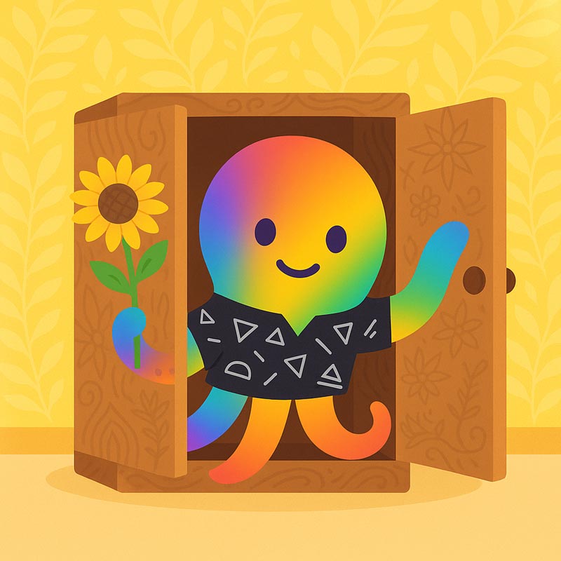 Ilustração da campanha PCD Sai do Armário, mostrando uma pessoa saindo de um armário em direção a um campo de girassóis.